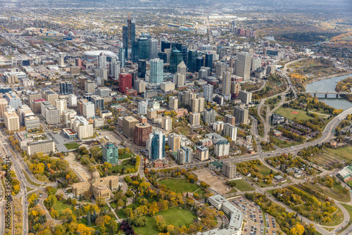 Aerial view of the city of Edmonton, Alberta with the provincial legislature building in the foreground; Edmonton, Alberta, Canada photo
