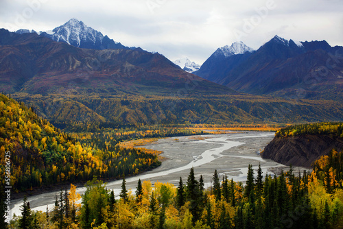 A stunning view of the Matanuska River Valley in full autumn color in South-central Alaska; Alaska, United States of America photo