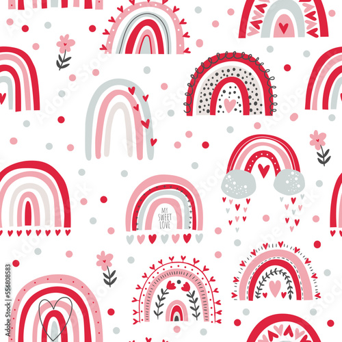 Valentines day seamless pattern with red and pink rainbows, hearts and flowers on white background. Can used for textile, paper , digital paper, clothes and other.