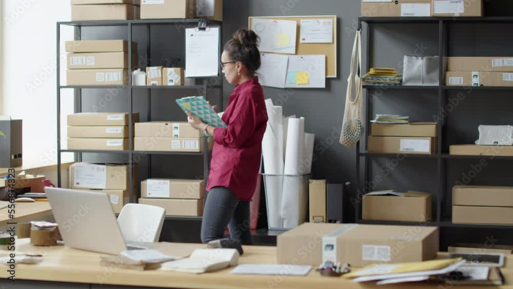 Fast motion of female worker checking parcels on shelves and taking notes while doing inventory in delivery service office Fast motion of female worker checking parcels on shelves and taking notes while doing inventory in delivery service office