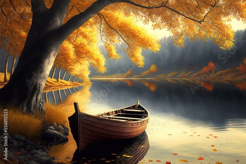 autumnal lake with a lone boat and leafy trees Generative AI