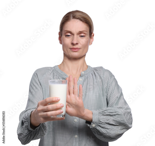 Konstfotografi Woman with glass of milk suffering from lactose intolerance on white background