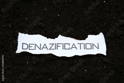 Piece of torn paper with word Denazification on soil, top view photo