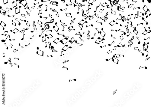 Many music notes and treble clefs falling on white background
