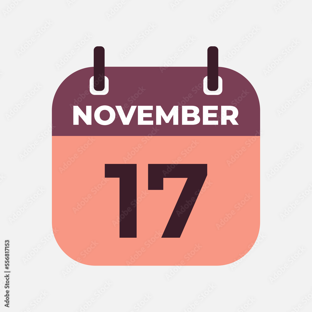 November 17 flat daily spiral calendar icon date vector image in matching color scheme. Suitable and perfect for design material, such as event or reminder.
