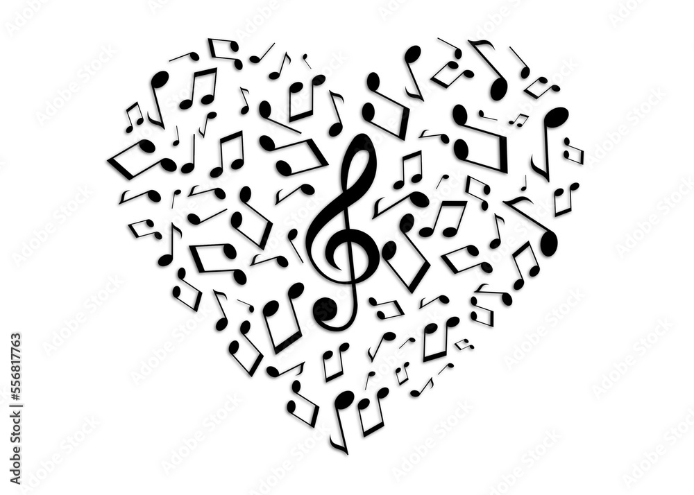 Shape of heart made with many music notes and treble clef on white background