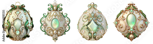 vintage ornament set in green white and gold, jewelry, decoration, transparent background, generative AI