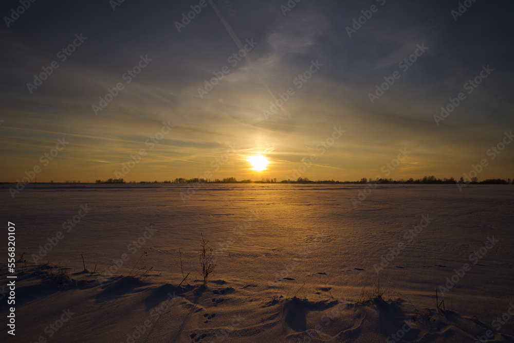 Winter scenery with setting sun and sparkling snowflakes.