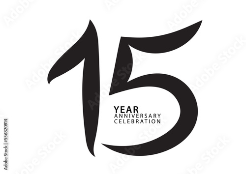 15 year anniversary celebration black color logotype vector, 15 number design, 15th Birthday invitation, logo number design vector illustration, graphic element, calligraphy font, typography logo