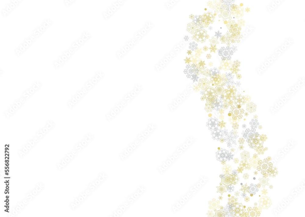 Gold snowflakes frame on white background. New year theme. Horizontal shiny Christmas frame for holiday banner, card, sale, special offer. Falling snow with gold snowflake and glitter for party invite Gold snowflakes frame on white background. New year theme. Horizontal shiny Christmas frame for holiday banner, card, sale, special offer. Falling snow with gold snowflake and glitter for party invite