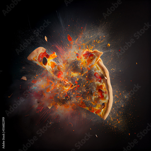 slice of pizza explosion, action shot of pizza slice  going to boom, generative ai