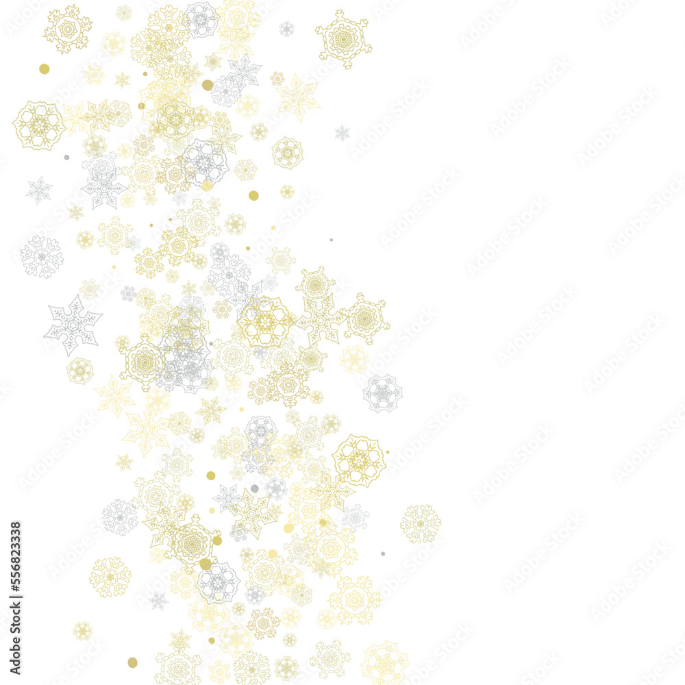 Gold snowflakes frame on white background. New year theme. Stylish shiny Christmas frame for holiday banner, card, sales, special offers. Falling snow with gold snowflakes and glitter for party invite Gold snowflakes frame on white background. New year theme. Stylish shiny Christmas frame for holiday banner, card, sales, special offers. Falling snow with gold snowflakes and glitter for party invite