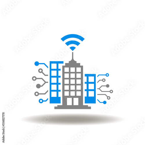 Vector illustration of skyscraper with circuit and wifi. Icon of IoT Smart City Technology. Symbol of modern architecture and construction. Sign of BIM tech.
