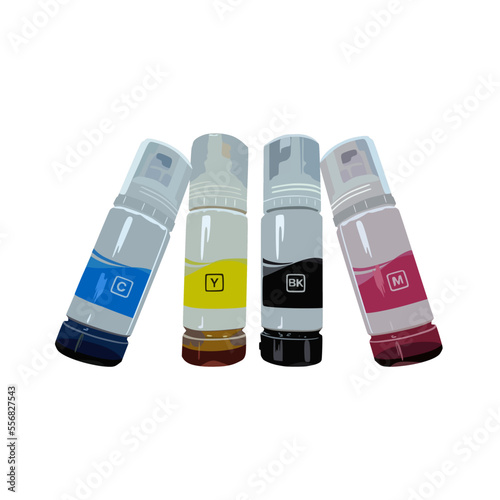 vector illustration, very popular original printer ink bottle, four colors, cyan magenta yellow black, cmyk, flat cartoon design style.