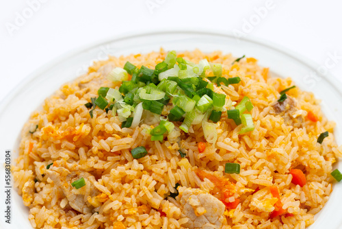 Fried rice in white plate on white background.