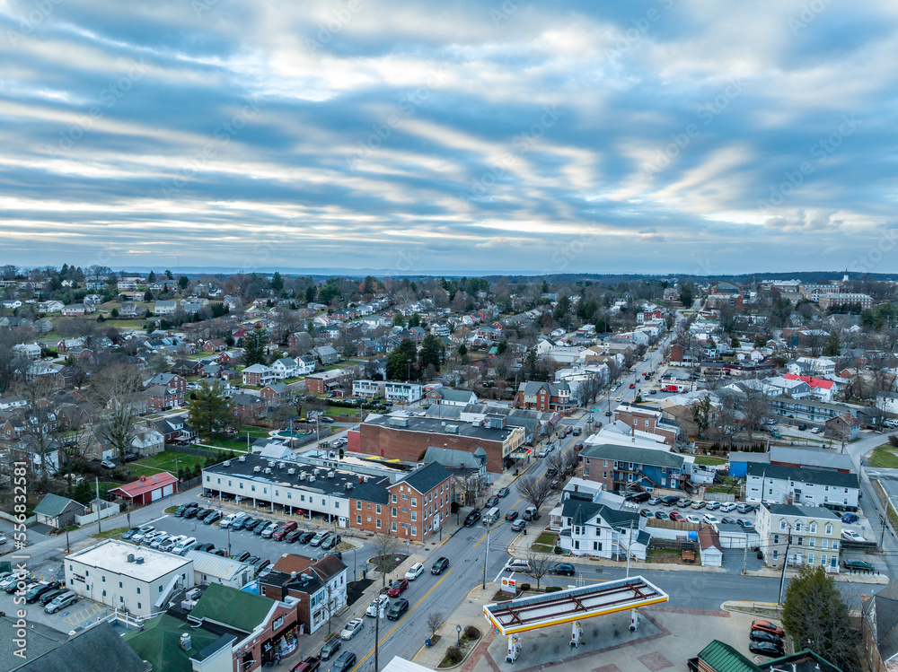Naklejka premium Aerial view of main street historic Westminster seat of Carroll country in Maryland