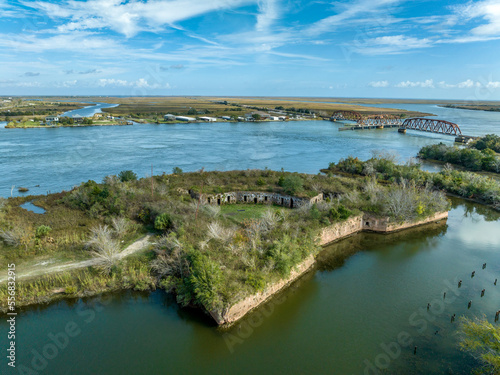 Aerial view of Fort Macomb near New Orleans, ruined historic brick fort with casemated bastions protecting access to Lake Pontchartrain in Louisiana