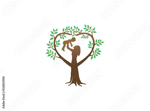 Abstract Human tree logo. Unique Tree Vector illustration of a mother lifting the baby.