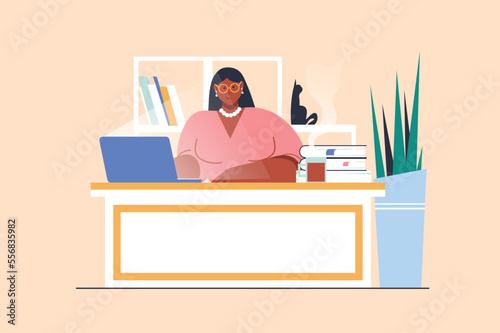 Business lady concept with people scene in flat design. Woman entrepreneur sitting at desk and working at laptop, developing her own company. Vector illustration with character situation for web