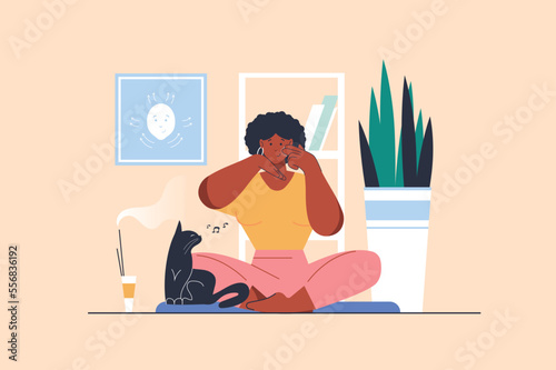 Massage face concept with people scene in flat design. Woman doing facial massage using hands technique, doing daily care beauty routine at home. Vector illustration with character situation for web