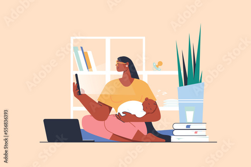 Self-development concept with people scene in flat design. Young mother holds baby and gaining her education, develops skills and starts business. Vector illustration with character situation for web