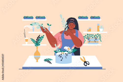 Floristry concept with people scene in flat design. Woman works as florist in flower shop, creates blossom bouquets and sells plants in pots. Vector illustration with character situation for web