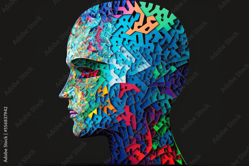 bright, colorful illustration of a human head constructed from many small, colorful pieces indicating states of mind. Generative ai artwork bright, colorful illustration of a human head constructed from many small, colorful pieces indicating states of mind. Generative ai artwork
