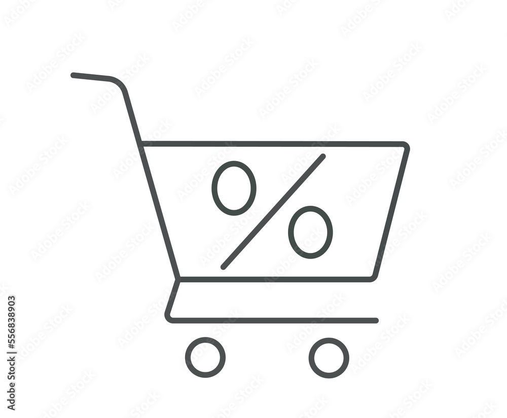 Marketing cart line icon. Basket with percents. Discounts and promotions, price reduction and cashback. Interface for programs and applications. UI and UX design. Cartoon flat vector illustration Marketing cart line icon. Basket with percents. Discounts and promotions, price reduction and cashback. Interface for programs and applications. UI and UX design. Cartoon flat vector illustration