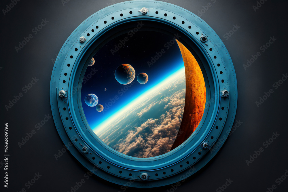 Spaceship window view. Porthole from rocket to dark sky with Earth