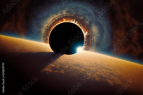 black hole, science fiction wallpaper. Beauty of deep space. Colorful graphics for background, like water waves, clouds, night sky, universe, galaxy, Planets. Created with Generative AI technology.