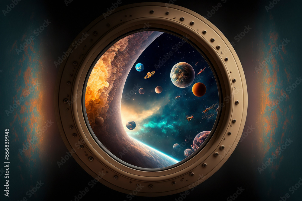 Spaceship window view. Porthole from rocket to dark sky with Earth