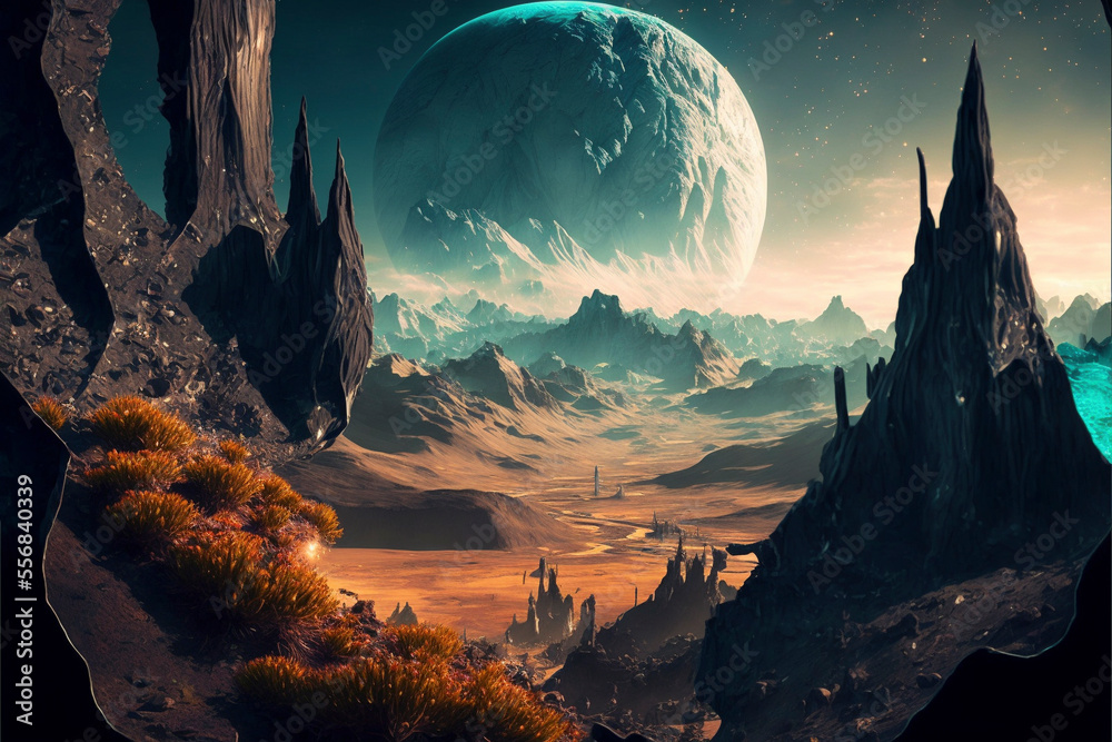 Alien Planet With A Moon And Mountains. Created with Generative AI technology.
