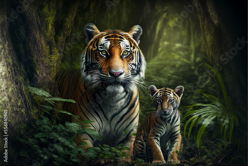 Adult Tiger with baby tiger  mother tiger  in the forest