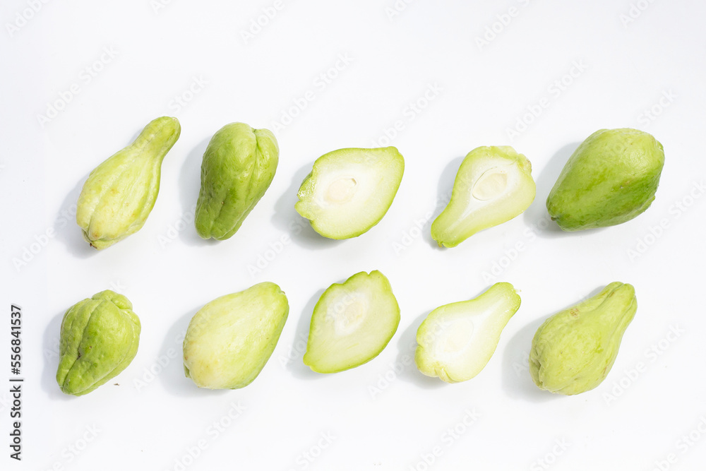 Fresh chayote fruit on white background. Fresh chayote fruit on white background.
