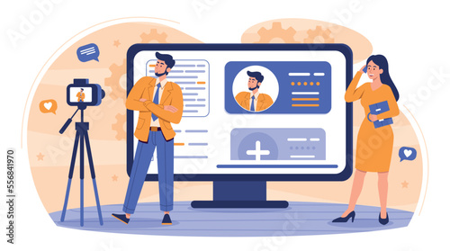 Recruitment agency concept. Man and woman with camera stand in front of computer monitor. Promotion of goods and services, modern marketing methods. Poster or banner. Cartoon flat vector illustration