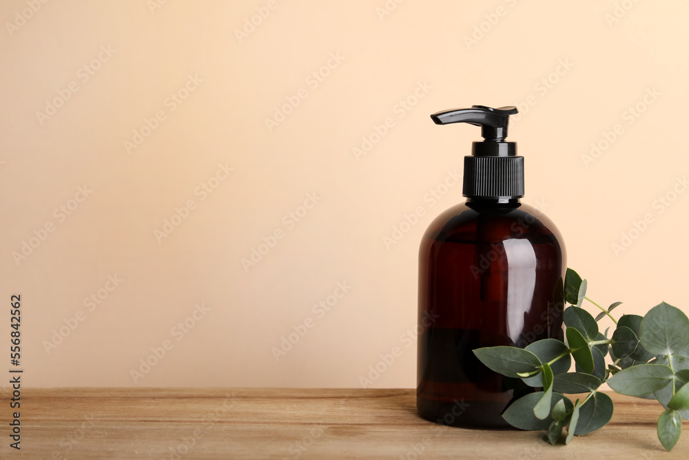 Bottle of shampoo and tree branch on wooden table near beige wall, space for text