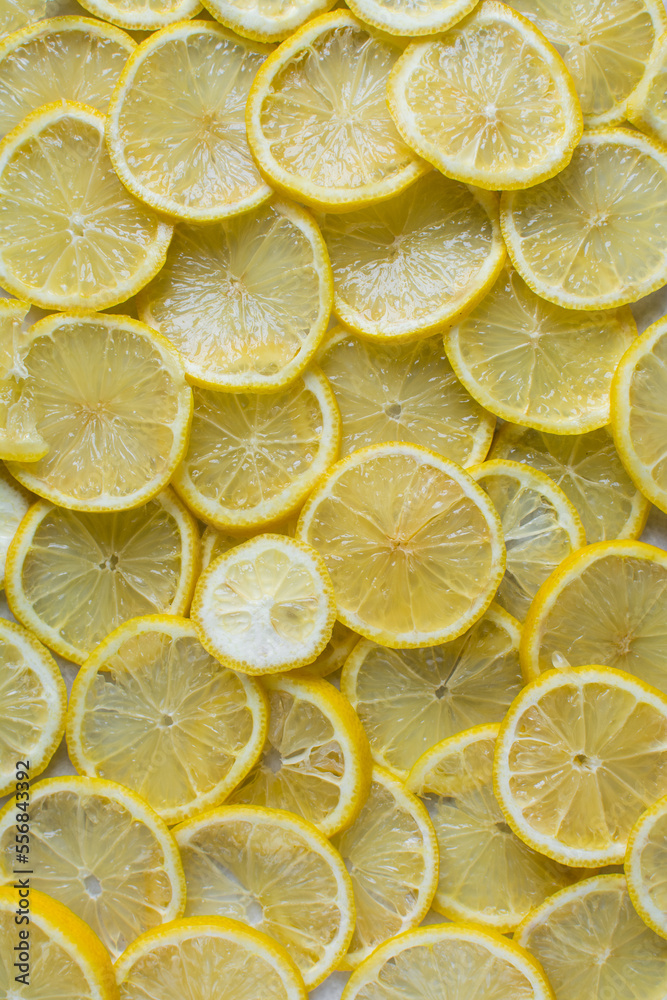 Flat lay of lemon slices, slicing lemon on the table Flat lay of lemon slices, slicing lemon on the table