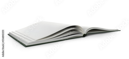 Open book with hard cover on white background