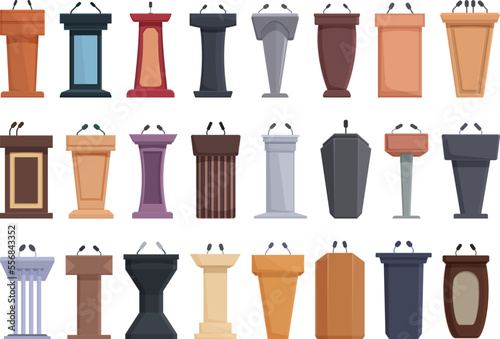 Tribune icons set cartoon vector. Wooden podium. Stage pulpit