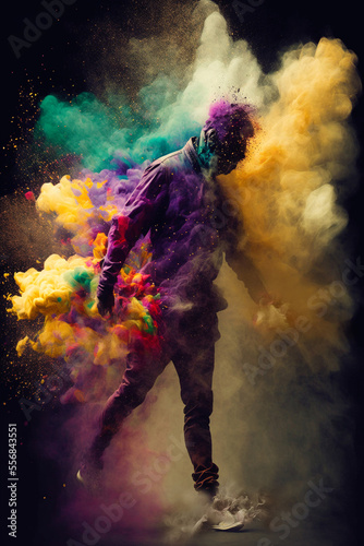 man disintegrating into colorful smoke