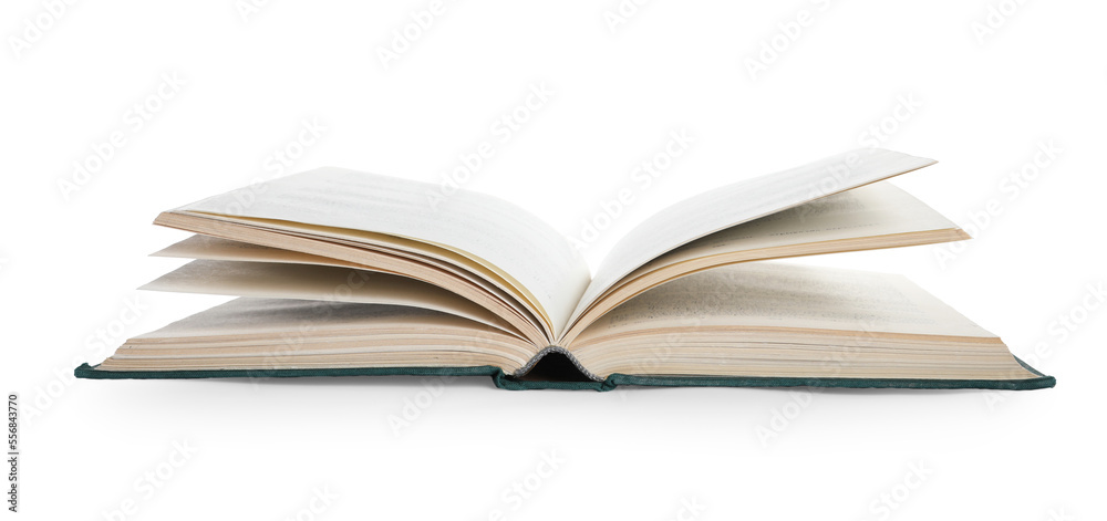 Old open hardcover book isolated on white Old open hardcover book isolated on white