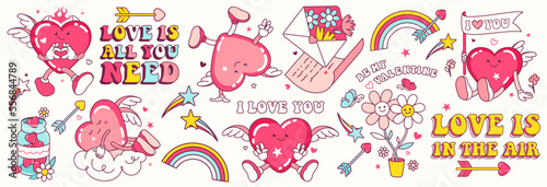 Retro Groovy Valentine's day characters with slogans about love. Fun heart stickers and prints. Hippie valentine Sticker pack in trendy retro doodle cartoon style.Hippy 60s, 70s style. Flower power.
