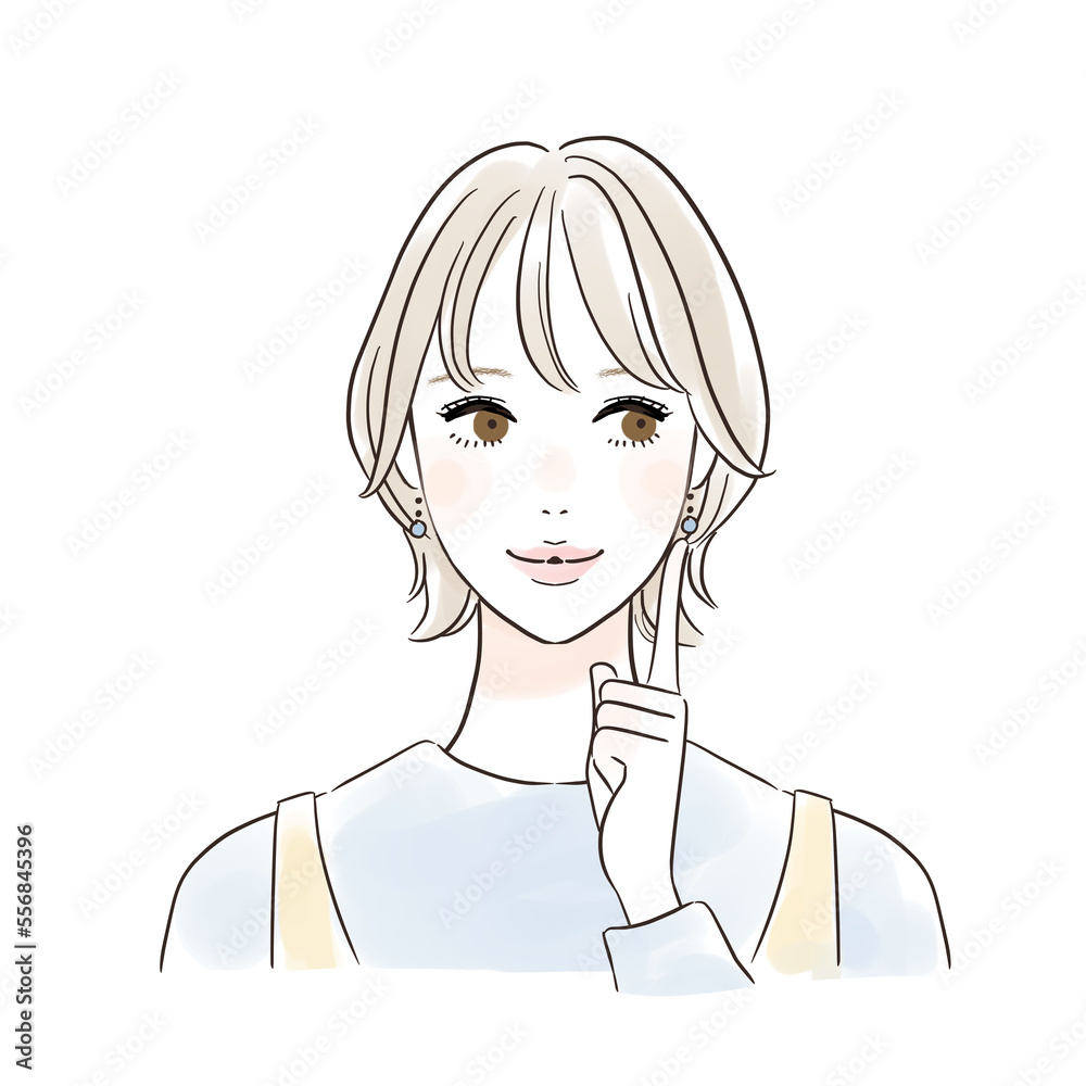 頰に指を当てて考える笑顔の女性 カジュアル 頰に指を当てて考える笑顔の女性 カジュアル