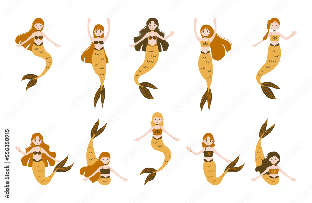 cute mermaid collection vector flat illustration