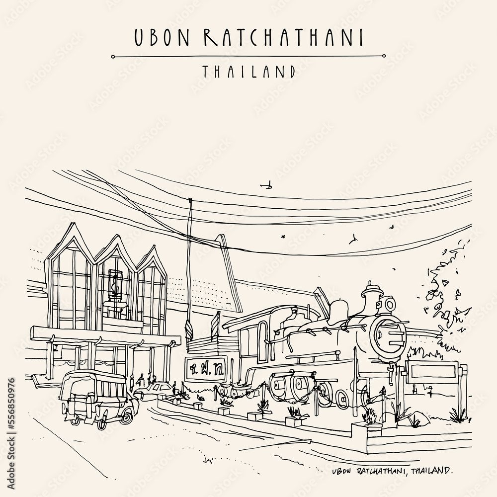 Obraz premium Vector Ubon Ratchathani Thailand postcard. Train station and old locomotive. Historical buildings in Ubon Ratchathani province in Northeastern Thailand (Isan). Travel sketch. Hand drawn vintage poster