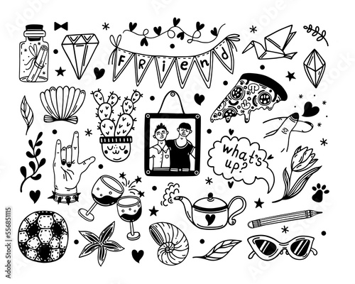 Male friendship vector icon set. Friends, colleagues, team. Symbols of good relations - boys photo, drinks, pizza, football, rock music. Hand drawn doodles for cards, posters, web. Isolated on white