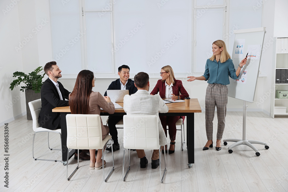 Businesswoman showing charts near flipchart on meeting in office