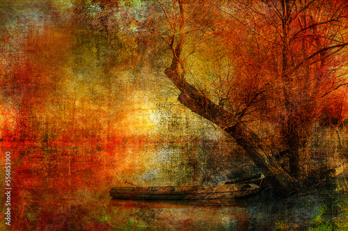 Art grunge landscape in red, orange, and yellow colors showing fishing boat on the river in autumn