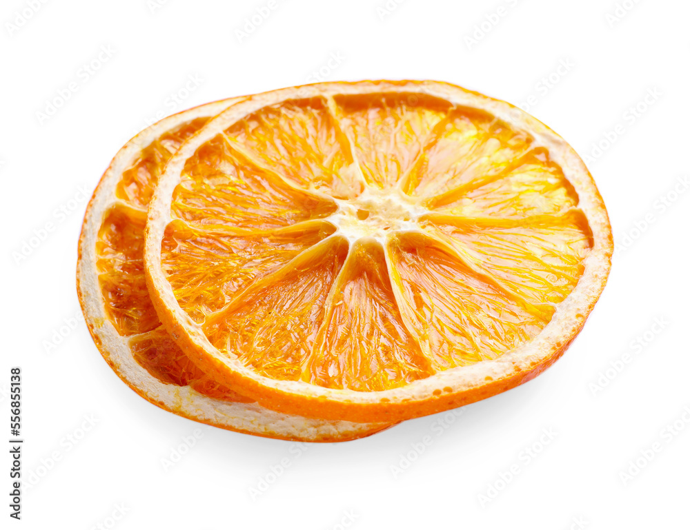 Delicious dry orange slices on white background Delicious dry orange slices on white background
