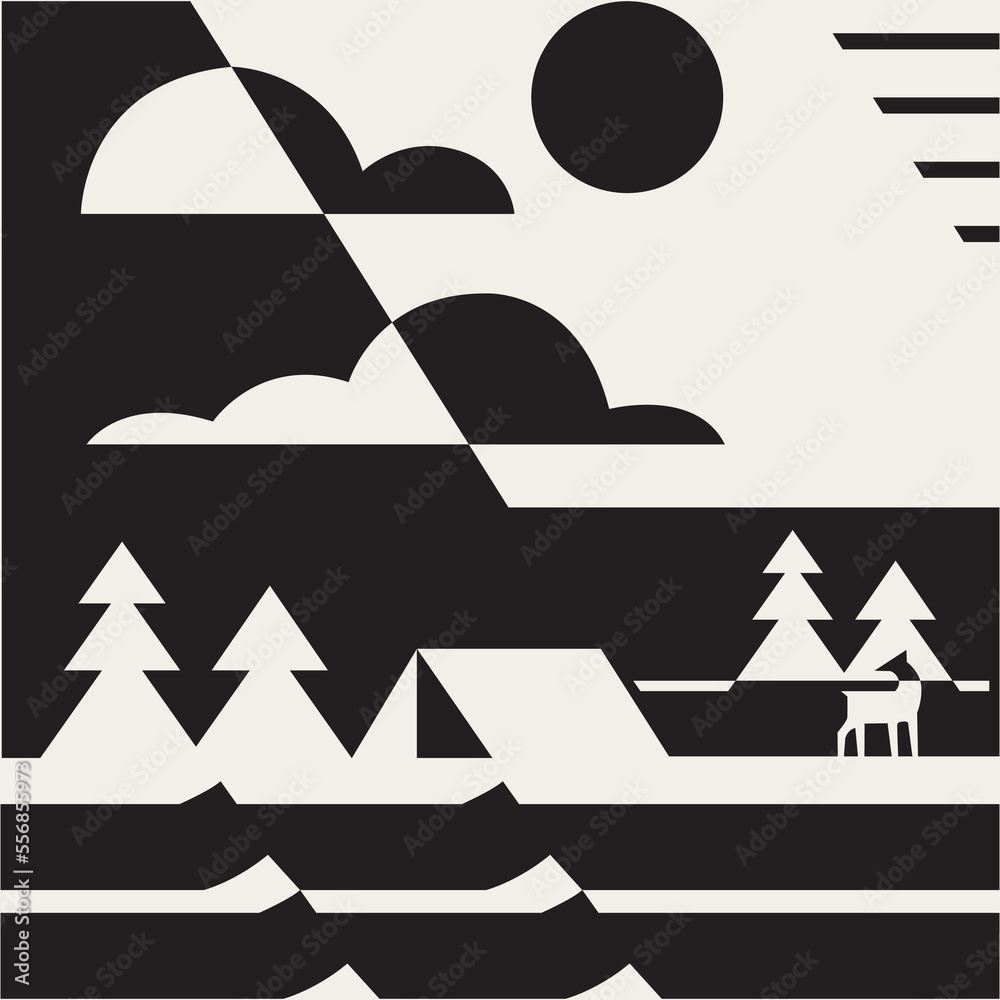 camping in forest near mountains and trees in flat design style 